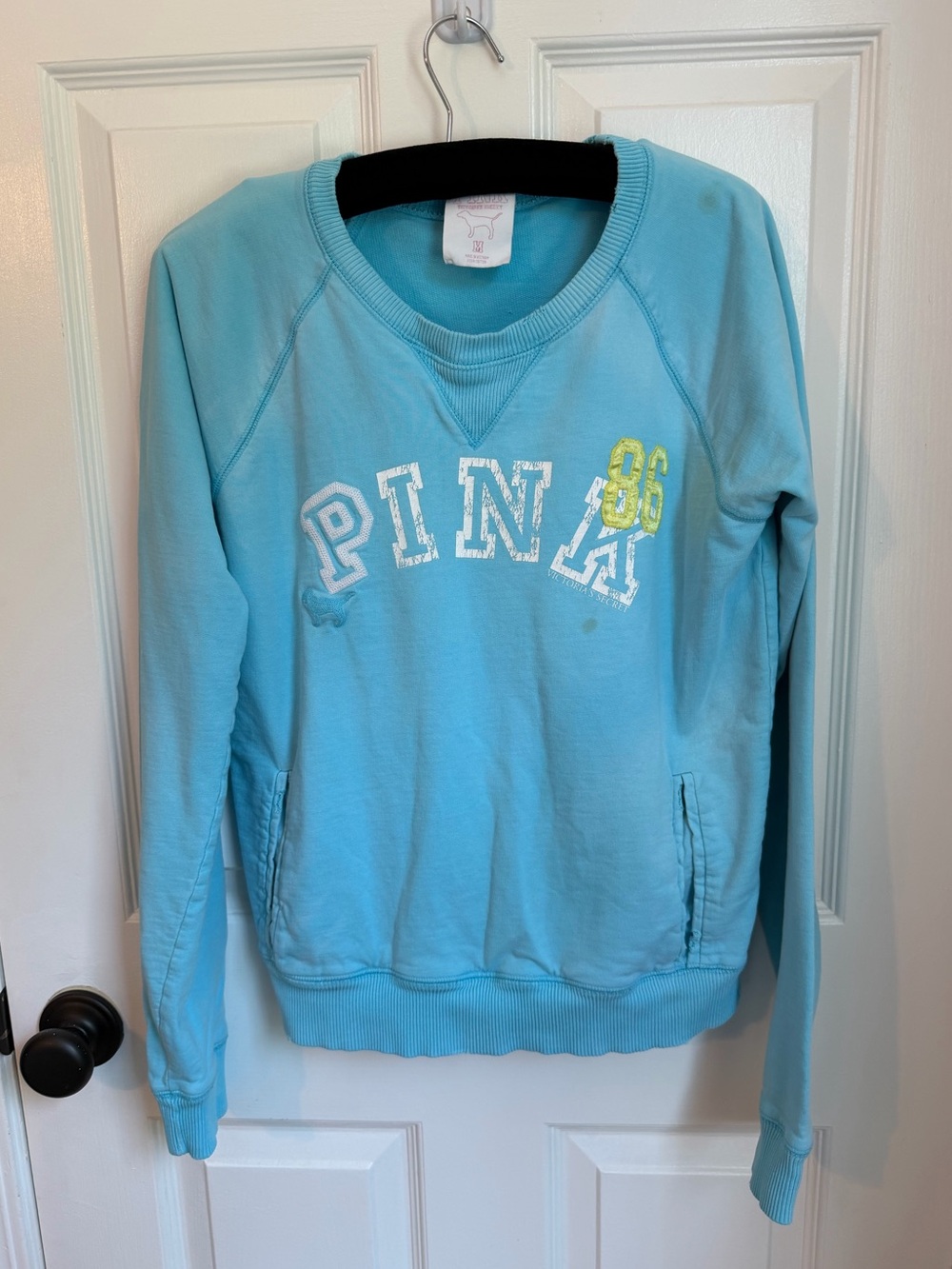 PINK Victoria's Secret Light Blue Crewneck Sweatshirt, Flawed
